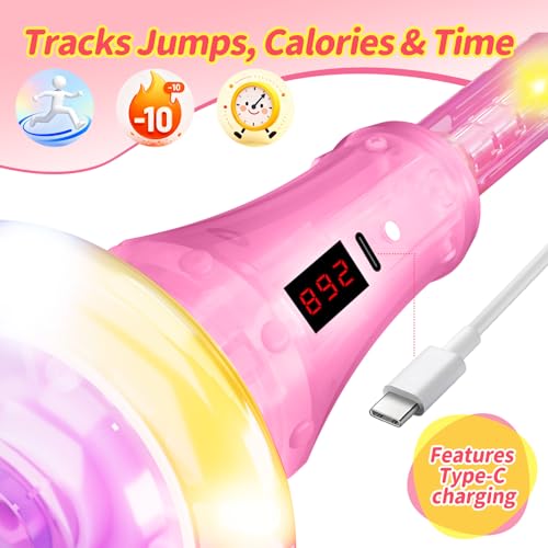 Pink Rechargeable Skip Ball for Kids with Flashing Light-Up Wheel & Counter