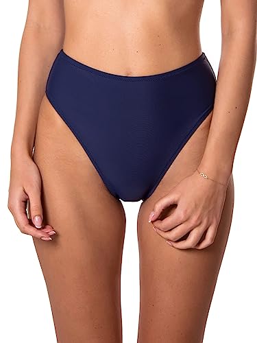 RELLECIGA Women's High Waisted Tummy Control Bikini Bottoms Navy Blue Medium