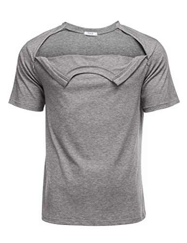 Deyeek Unisex Chemo Port Shirt - Post Shoulder Surgery Recovery Top, Large Grey