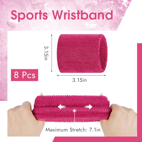 8-Pack Athletic Sweatbands for Men and Women - Highly Absorbent - Hot Pink