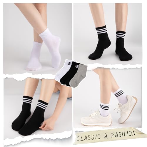 Ankle Quarter Socks for Women - 3 Pairs Solid White + 2 Pairs Striped