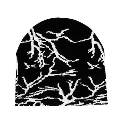 Lightning Pattern Knitted Beanie Hat - One Size / Black White