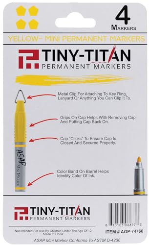 Tiny-Titan Mini Markers - Yellow Ink - 4 Pack with Keychain Clip