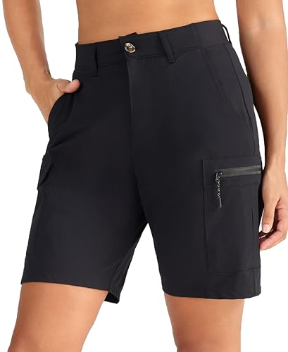 Oalka Women's Hiking Cargo Shorts Bermuda 9" - Large Black
