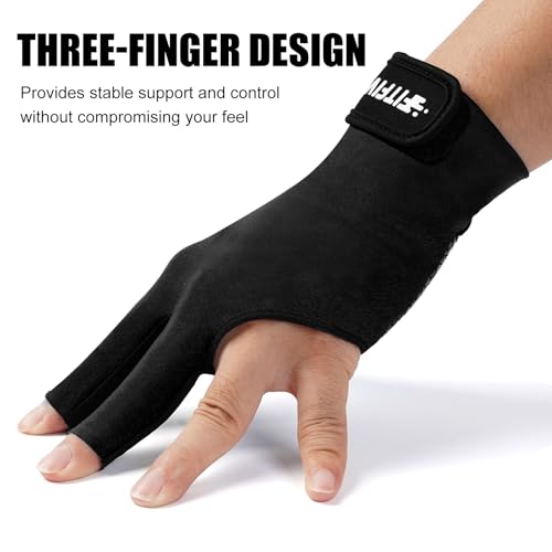 Billiard Pool Glove for Left Hand - 3-Finger, Black, Large