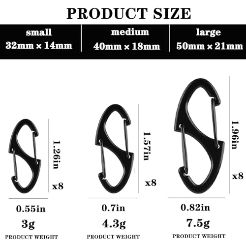 24pcs S-Clip Dual Opening Carabiner Set - Small, Medium & Large Zinc Alloy