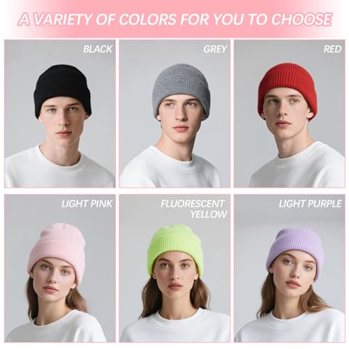Winter Knitted Beanie Hat - Soft, Elastic, One Size - Black + Pink