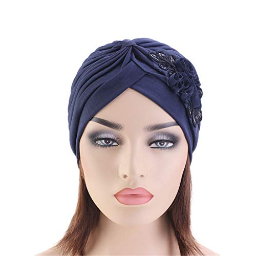 Qianmome Women's Sequin Flower Turban Head Wrap Black - Elegant Muslim Beanie