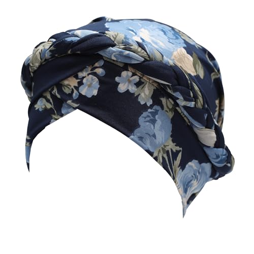 ZLYC Women's Pre-Tied Braid Floral Navy Lightweight Chemo Headwear Turban