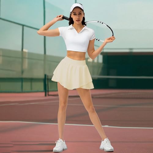 Pleated Tennis Skirt with Shorts & Pockets - Light Cream, Small