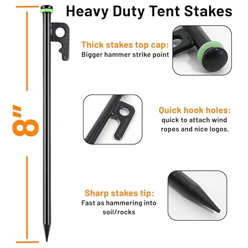 Heavy Duty Tent Stakes - 8 Inch Metal Pegs with Silicone Rings & Bag - 8 PCS - Black