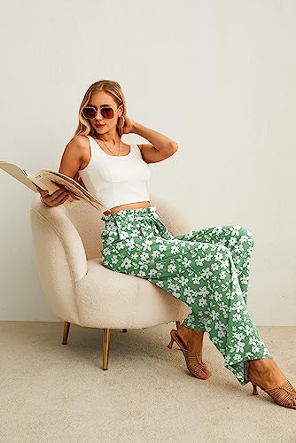 IWOLLENCE X-Large Green White Flower High Waist Palazzo Pants with Pockets, Wide Leg Beach & Lounge Trousers