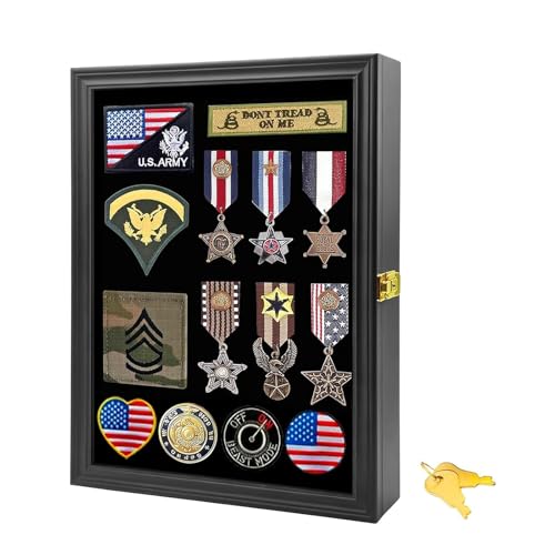 15.4x11.2 Inch Solid Pine Wood Military Pin & Badge Shadow Box Display Case with UV Acrylic, Lockable Wall Mount