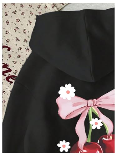 Cute Girl's Cherry Graphic Hoodie Sweatshirt - 9 Years / Black Flower
