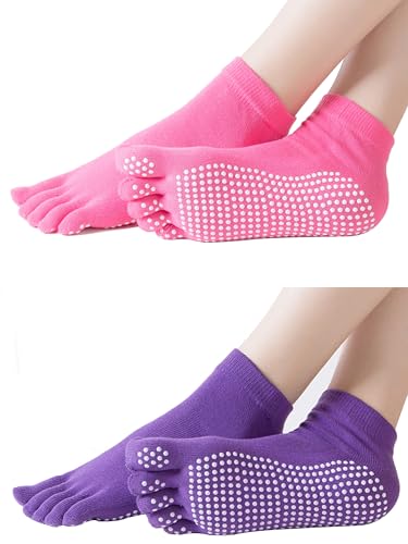Pilates Grip Socks for Women - Non Slip, 2 Pairs Dark Purple & Rose