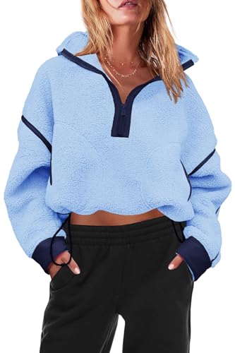 Panadila Women's Half Zip Sherpa Fleece Pullover Jacket - Peri Blue, Medium