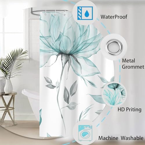 Aeyadis Teal Grey Watercolor Shower Curtain 72x72 in with 12 Hooks, Waterproof Polyester