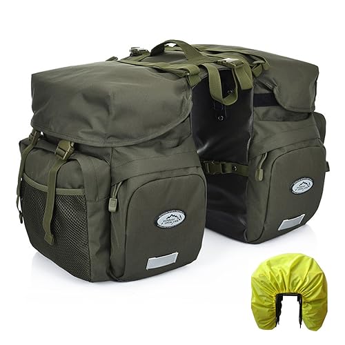 Green 50L Waterproof Bike Panniers with Reflective Trim & Rain Cover - Durable Cycling Storage