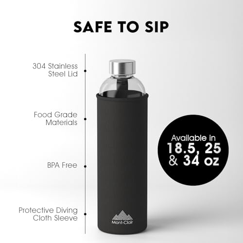 18 oz Borosilicate Glass Water Bottle with Neoprene Sleeve - Black