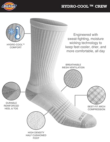 Dickies HYDRO-COOL Moisture Control Crew Socks (6 Pairs) Large White