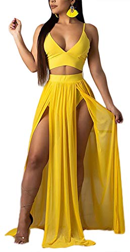Women Yellow Medium 2-Piece Chiffon Dress & Skirt Set - Deep V Crop Top & High Split Maxi