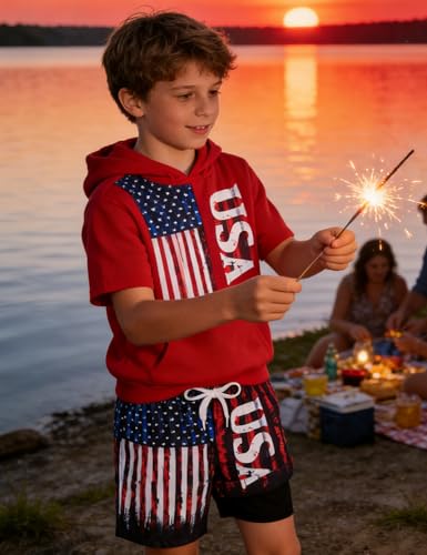 Boys Swim Trunks with Compression Liner Boardshort Quick Dry 7-18T - TUONROAD, Blue-3 (10-12 / Blue Red White)
