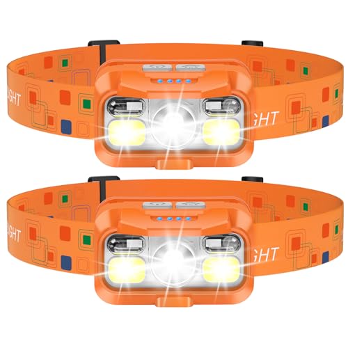 LHKNL Rechargeable Headlamp 2-Pack Orange Waterproof LED Headlights with 8 Modes & Motion Sensor