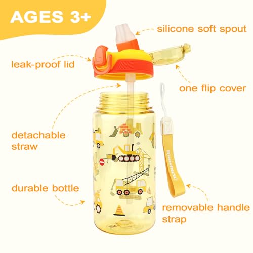 Wooshwa 20 Oz Kids Water Bottle with Flip-Lid, 591 ml (Excavator & Dinosaur) Pack of 2