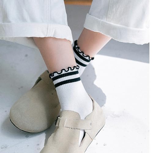 CHUNFO White Stripe Ribbed Frilly Socks 4Pack Women's Crew Socks US 5-9, One Size