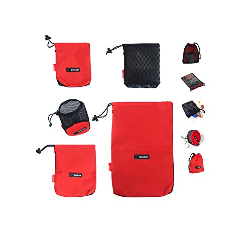 Nylon Drawstring Bags Set - 5 Pieces, Red, Various Sizes