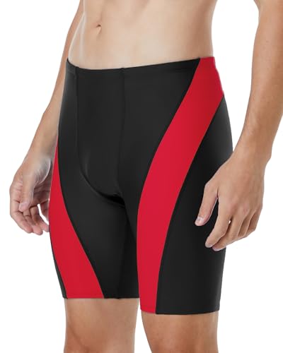 Runhit Men's Swim Jammers - Competitive Racing Sports Swimsuit, Quick Dry, UPF 50+ - Black & Red, Large