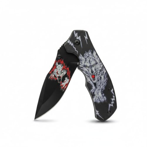 White/Black Wolf Decal Folding Knife - 8-Inch Liner Lock Pocket Knife for EDC, Gift