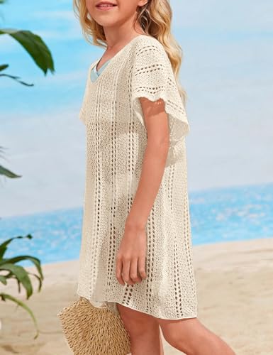 SECRETEYARD Girls Crochet Swim Cover Up - Beige 13-14 Years