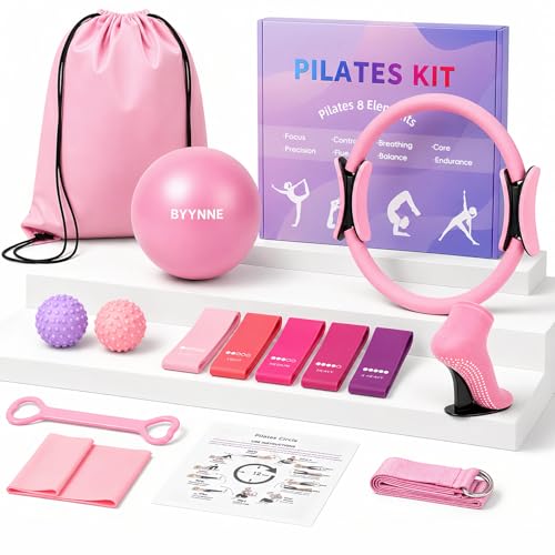 Pilates Kit for Women - 14 Pcs Equipment Set with Ring, Ball & Bands - Pink