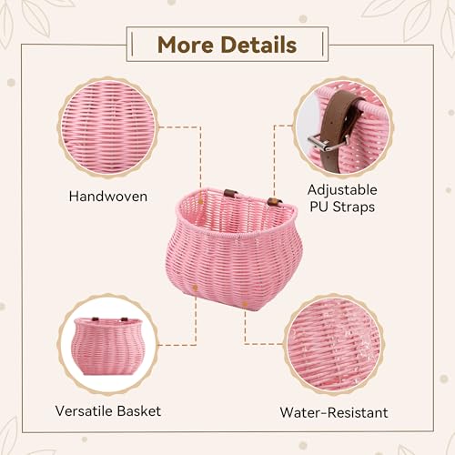 Pink Kids Bike Basket Wicker Bicycle Front Basket for Girls & Boys