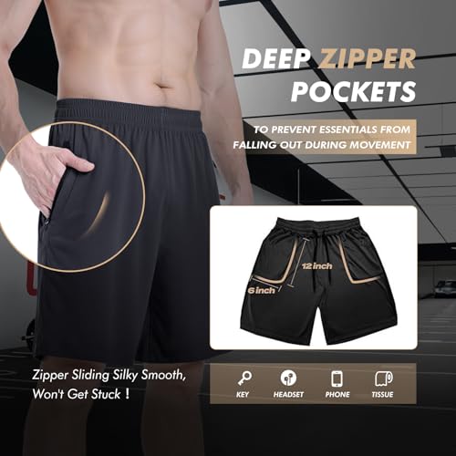 5 Pack Men's Athletic Gym Shorts with Zipper Pockets – Boojo, Large, Black/Gray/Navy (Variation: 1-black/Black/Dark Grey/Navy Blue/Light Grey)