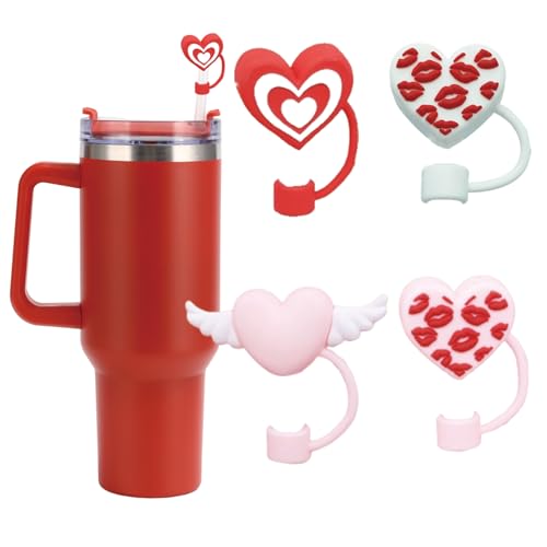 Heart Silicone Straw Covers for 10mm Straws - Pink Red Heart (4 Pack)