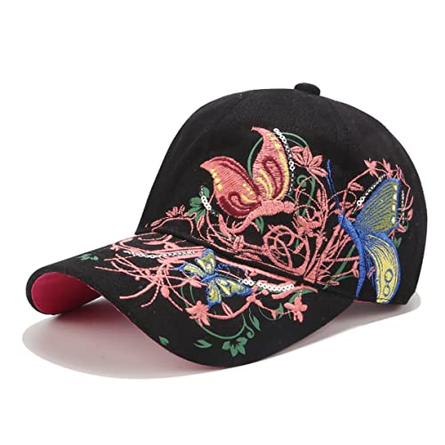 Women’s Adjustable Embroidery Butterfly Baseball Cap with Flower Print - Black, One Size