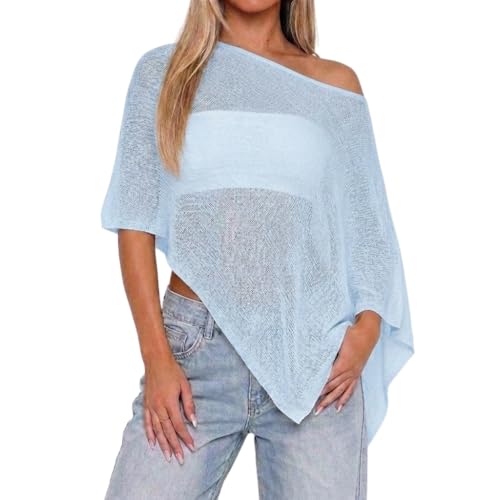 NVRENJIA Women’s Sheer Poncho Top Large Blue Lightweight Crochet Mesh Beach Cover-Up