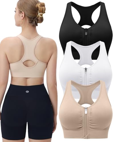 Evercute Front-Closure Padded Wireless Compression Bra, Large Black/White/Flesh 3 Pack