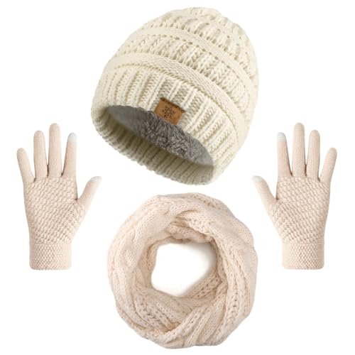 Thick Knit Winter Beanie Hat Scarf Gloves Set - Beige