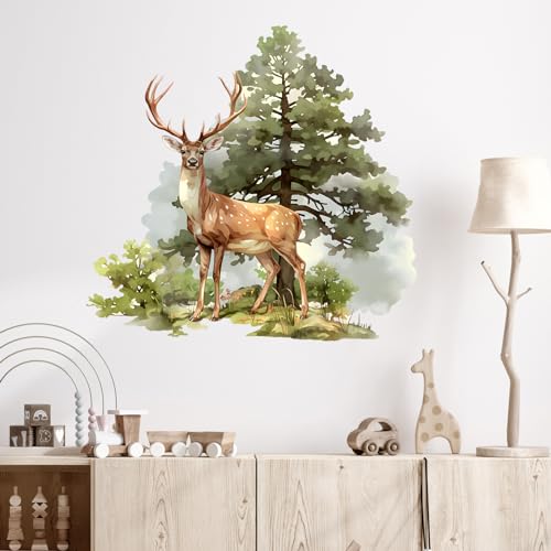 Standing Deer and Tree Wall Decal Nursery Forest Animal Wall Sticker Removable Peel and Stick Wall Art Decor for Kid Baby Classroom Preschool Living Room Playroom Bedroom School