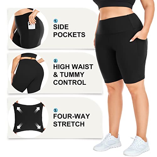 Plus Size High Waisted 8" Biker Shorts with Pockets - XL-4XL, Black