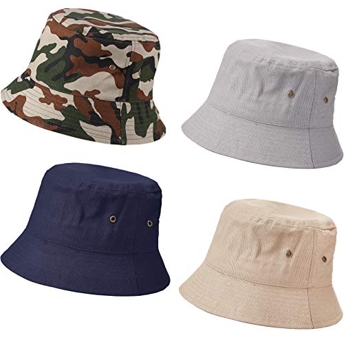 SATINIOR 4 Pack Summer Cotton Bucket Hats - Camouflage, Khaki, Light Grey, Navy Blue