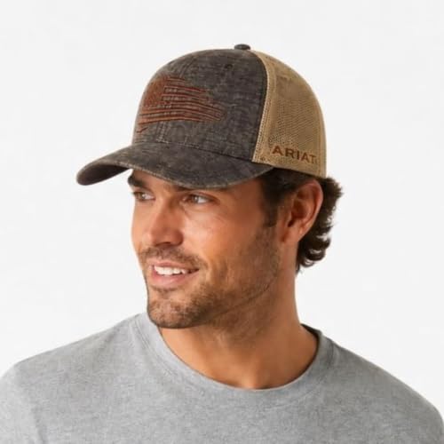 ARIAT Men's Brown Snapback Baseball Cap with Distressed USA Flag - One Size