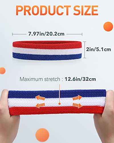 Athletic Sweatbands for Sports - Terry Cloth Headbands, Red/White/Blue
