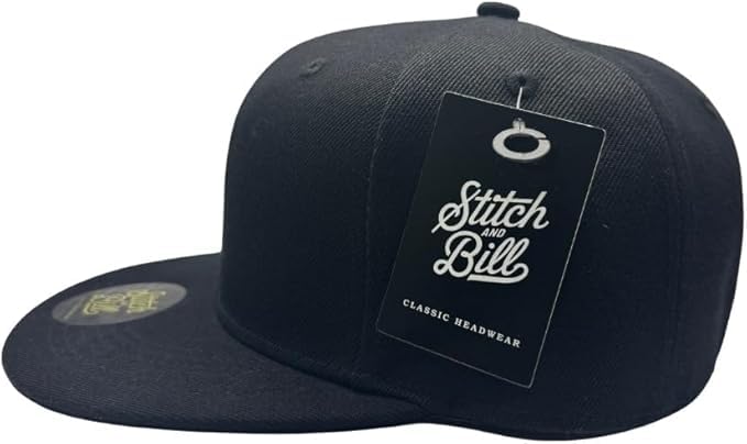 Stitch and Bill Premium Fitted Flat Brim Baseball Cap 7 3/4 Black