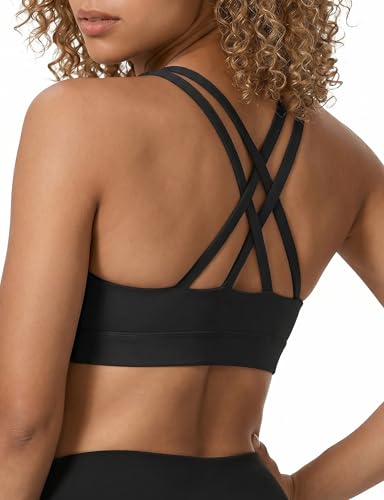 Mid Impact Sports Bra for Women - Removable Padded Racerback - Black - Large