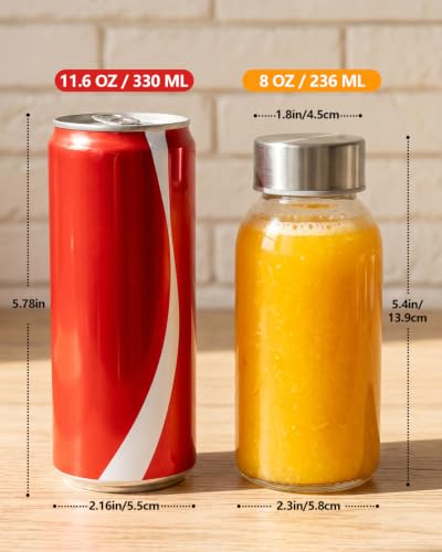 Zukro 8 oz Glass Juice Bottles with Silver Stainless Steel Leak-Proof Lids - 16 Pack