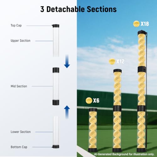 Ball Retriever Tube Hopper for Tennis & Pickleballs - 3 Section